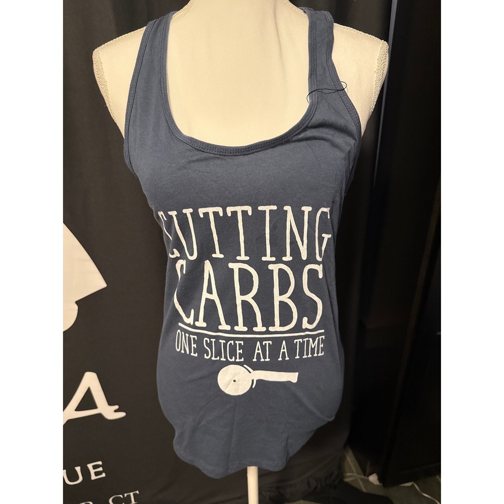 Cutting Carbs One Slice At A Time Pizza Graphic Racerback Tank Top Blue Medium